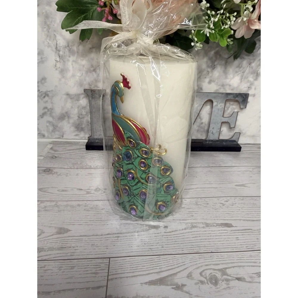 Vintage‎ Pier 1 Imports Peacock Candle Rhinestone Feather Pillar Home Décor Gift